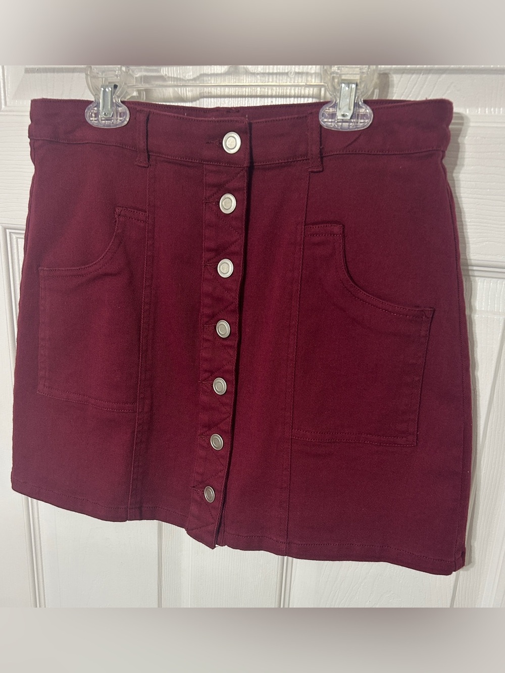 Peach Love Womens Burgundy Denim Mini Skirt Button Front Pockets High Rise NWT M